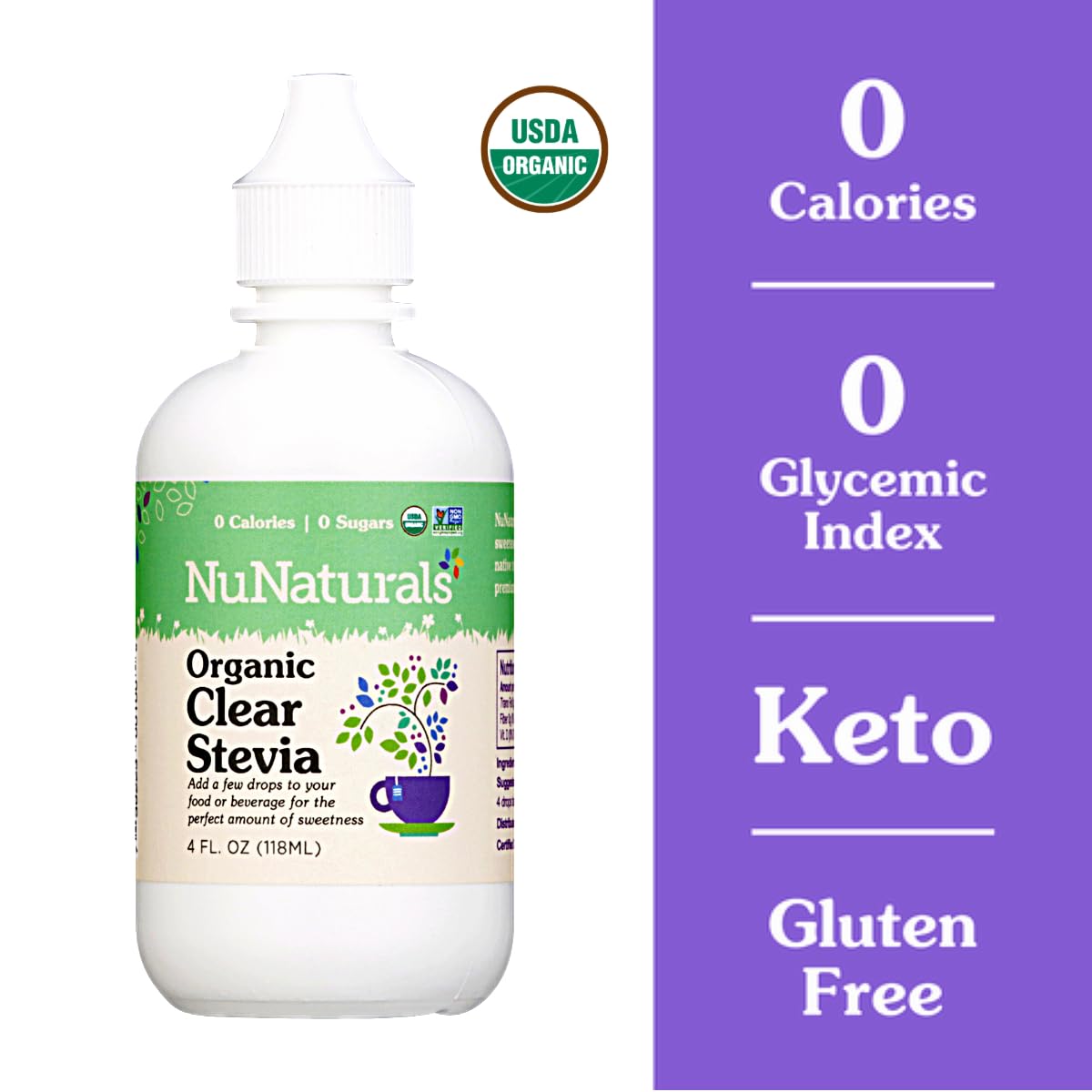 NuNaturals Organic Liquid Stevia Sweetener, Clear Unflavored, Plastic, 4oz