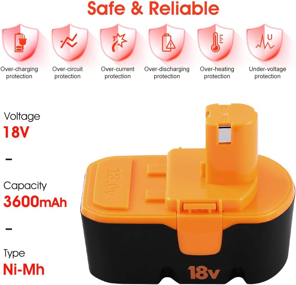 Munikind 3600mAH Ni-Mh P100 Replacement for Ryobi 18V Battery P101 ABP1801 | ABP1803 BPP1820 Compatible with Ryobi Battery 18 Volt Tools 130224028