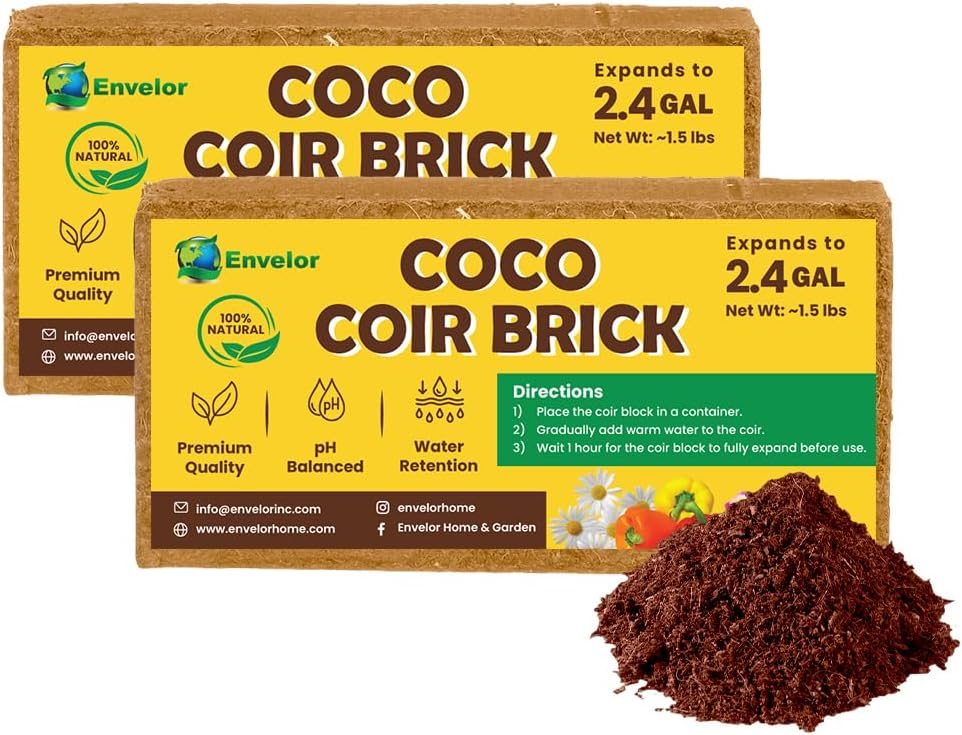 Envelor Organic Coco Coir Brick 10 Lbs. Coir Block Coconut Fiber Growing Medium Potting Soil Mix Coco Peat Media Coir Pith Indoor Outdoor Planters Vegetable Garden Beds