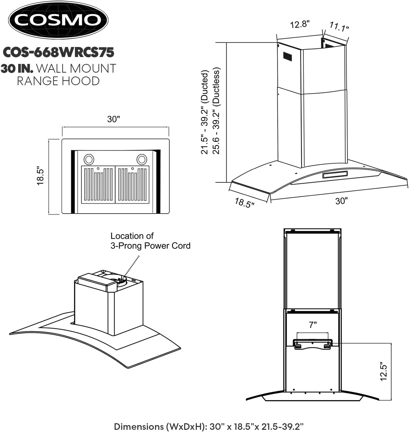 30 in. Vista Coll 380 CFM Ducted Wall Mount Range Hood LED, Stainless Steel | Cosmo COS-668WRCS75 Soft Touch Controls, 3 Fan Speeds, Glass Visor