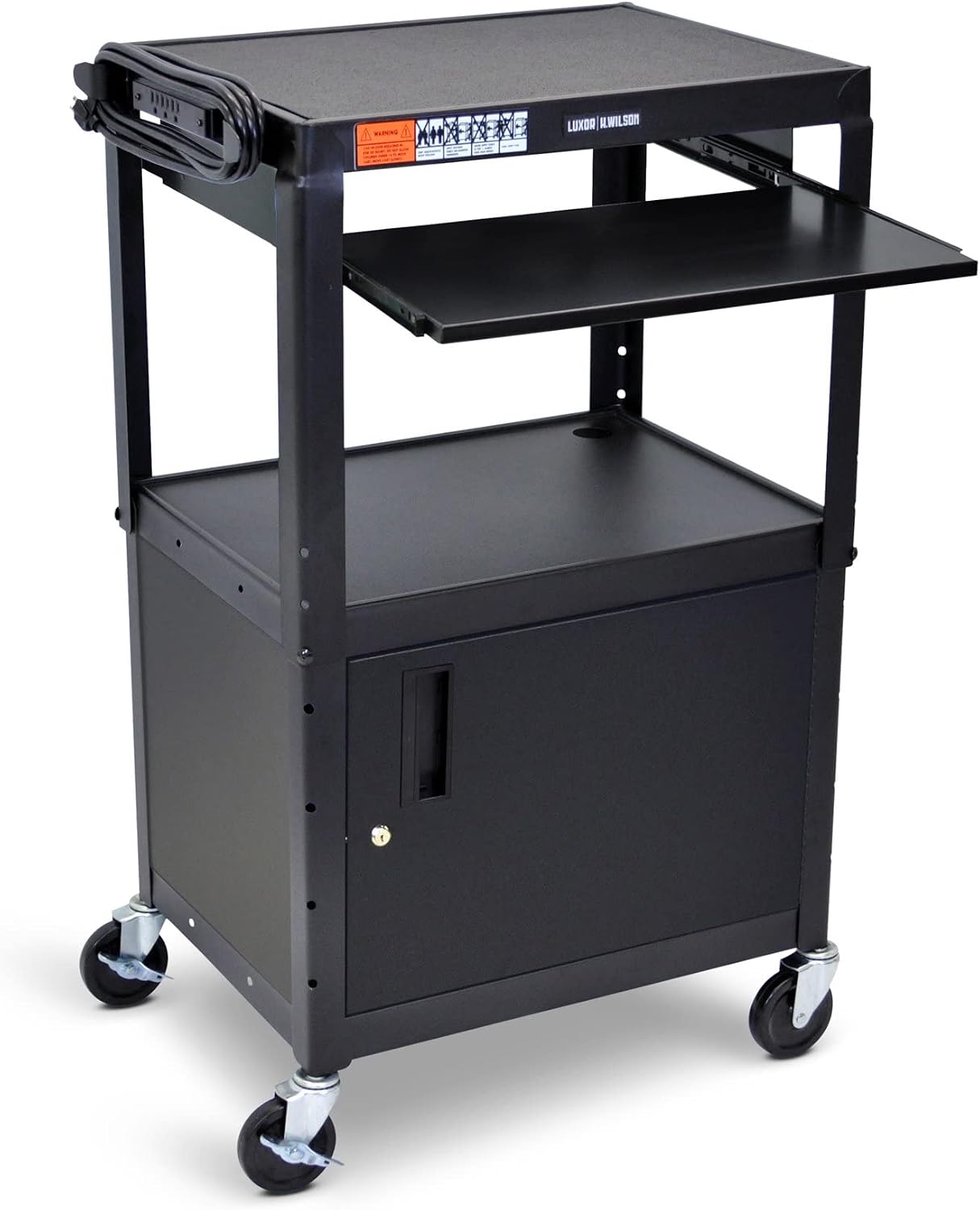 Line Leader AV Cart w/Locking Cabinet, Black Metal Utility Cart with Storage Shelf - Height Adjustable, Mobile and Great for Offices, Classrooms, Libraries (Black, 24in x 18in)