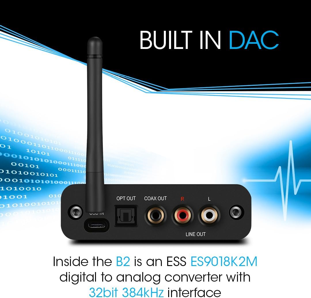 B2 LDAC/aptX HD Bluetooth 5.1 Hi-Fi Audio Receiver with ESS DAC,OLED Display,RCA,Optical & Coaxial,Extended Range for Home Stereo