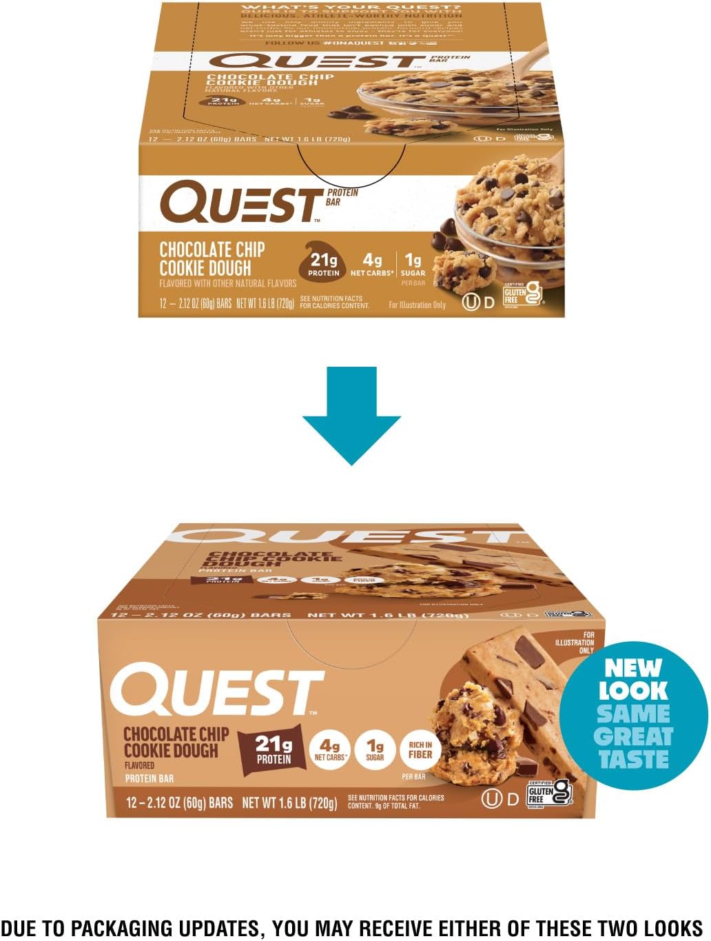 Quest Nutrition Oatmeal Chocolate Chip Protein Bars, 20g Protein, 12 Count | 12g Fiber, 5g Net Carbs, 1g Sugar, Gluten Free, High Quality Protein, Soft and Chewy, Individually Wrapped 2.12oz Bars