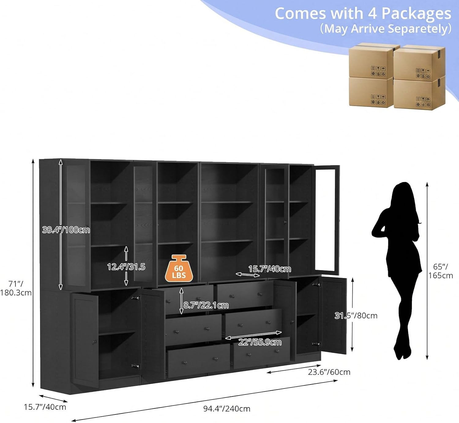 TUSY 71" H Bookcase with Storage | 6-Tier Modern Bookshelf with Drawers, Display Bookcase with Glass Doors, White Curio Cabinet for Home Office, Living Room