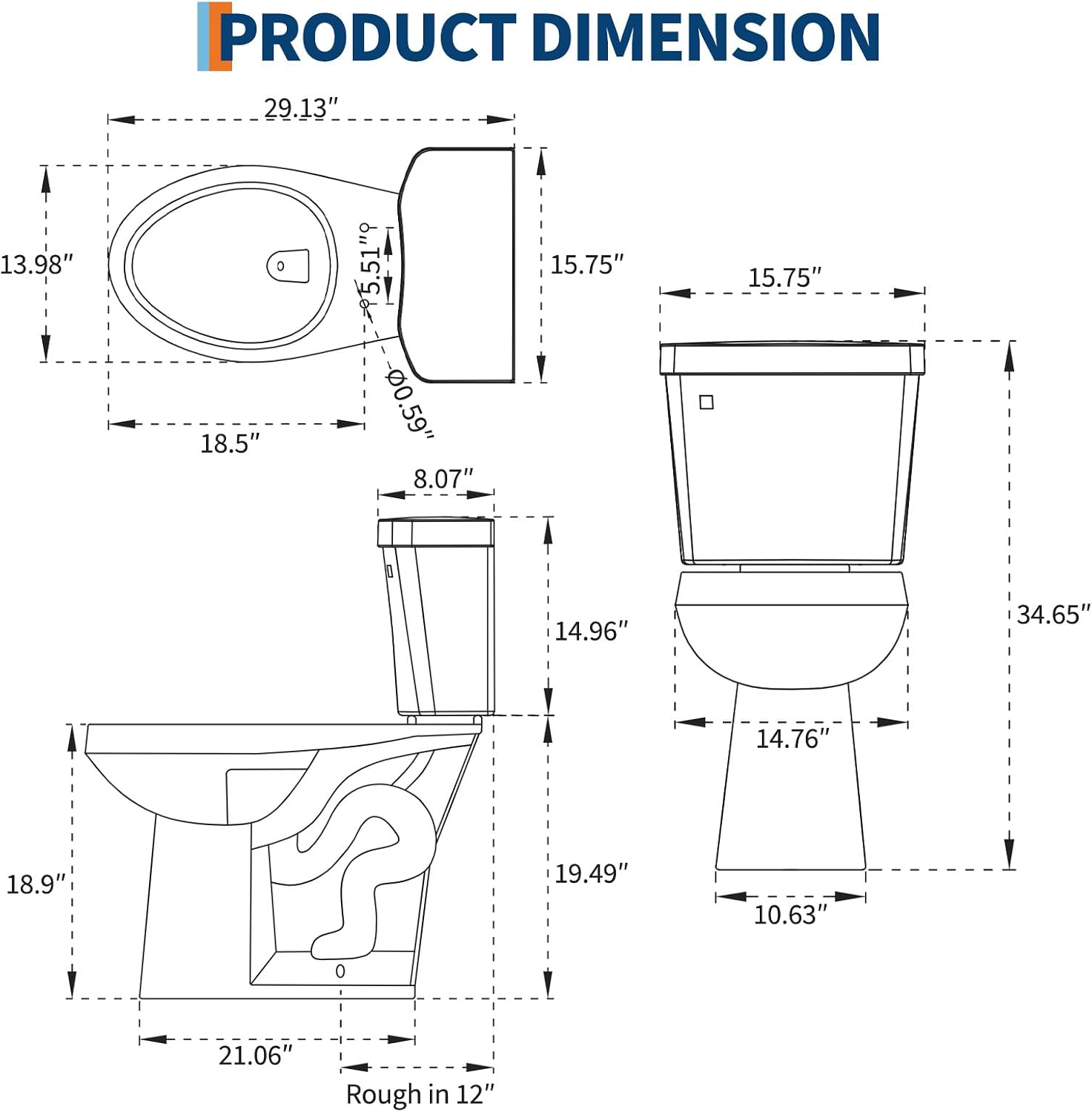 Two-Piece Toilets for Bathrooms, Comfort ADA Toilet with 19" Height, Elongated with Soft Close Seat, Power Flush 1.28 GPF