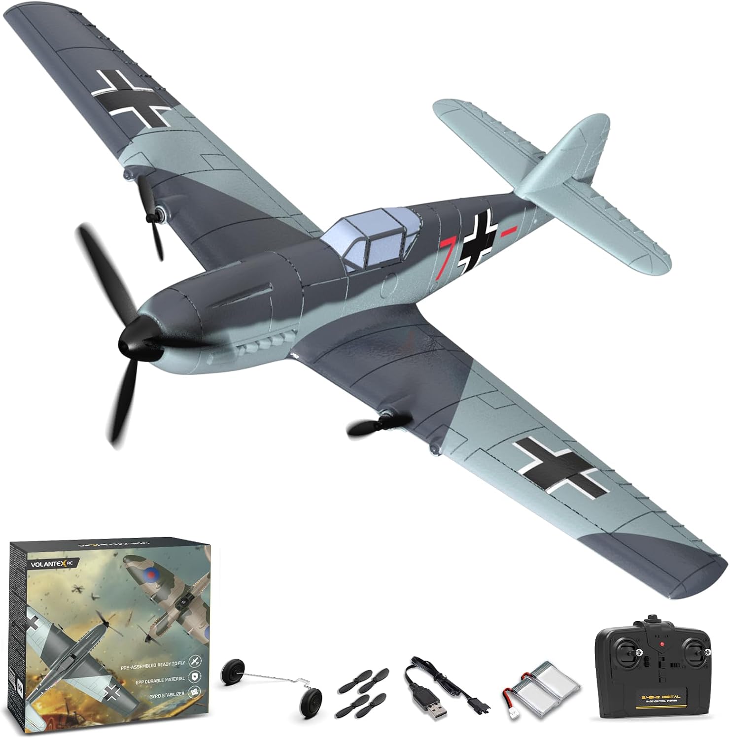 volantexrc RC Plane, 3 Channel Remote Control Plane for Beginners & Adults | Spitfire Fighter RTF, 6-Axis Gyro, 2.4GHz Radio Controlled Aircraft, Easy to Fly