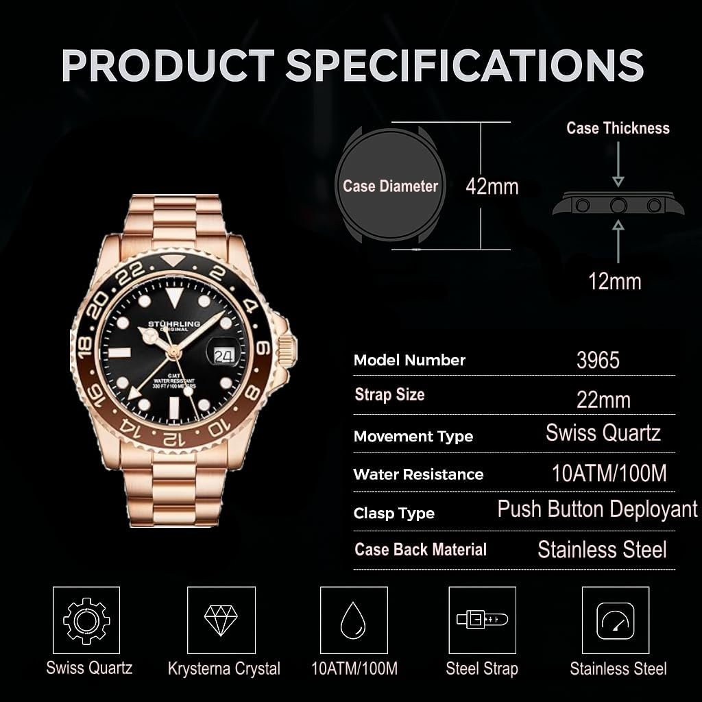 Stuhrling Original Men's Stainless Steel GMT Watch Quartz - 42mm Quartz Analog Wrist Watch for Men, Mens Quartz Watch, Stainless Steel Case