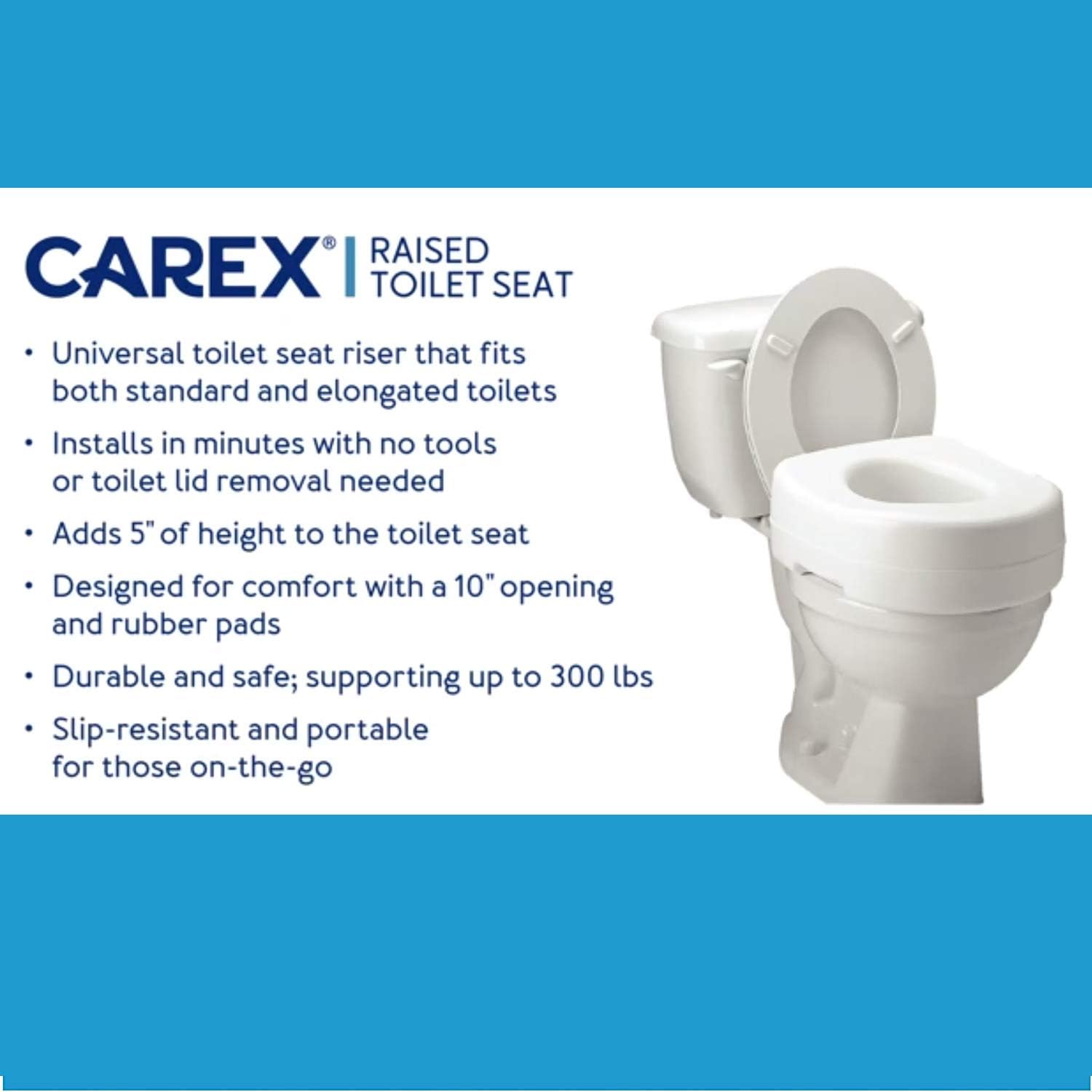 Carex Toilet Seat Riser, 5 Inch, Toilet Seat Risers for Seniors, Raised Toilet Seat, Supports 300lbs, Slip-Resistant, Toilet Riser