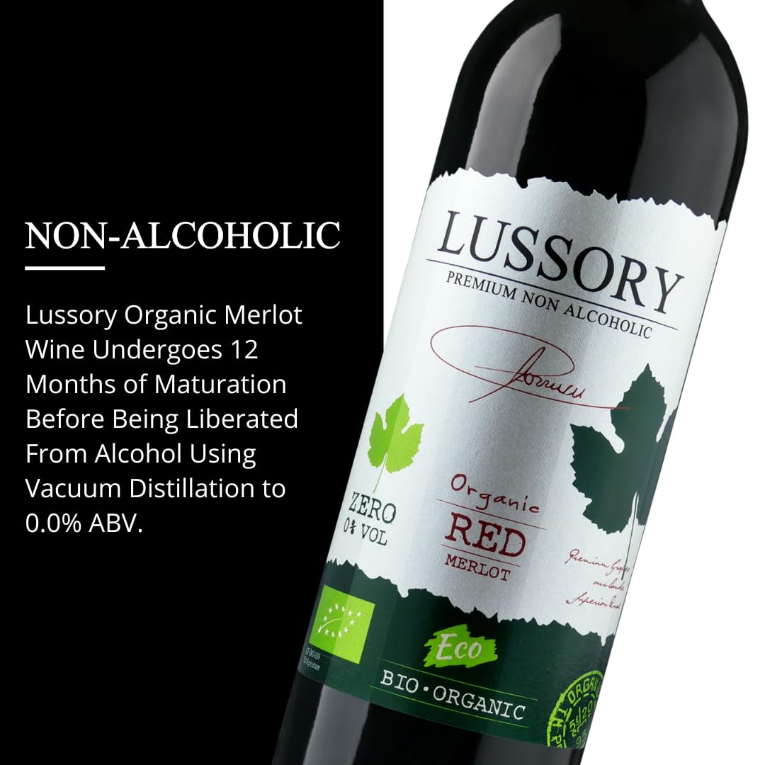 Lussory Organic Merlot Dealcoholized 0.0% Non Alcoholic Wine Red From Spain, Low Calories, Organic, Vegan (750ml, 1 Bottle)