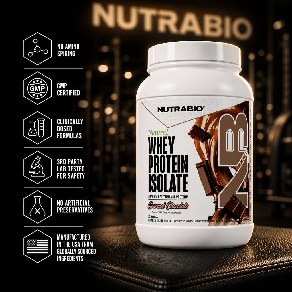NutraBio Natural Whey Protein Isolate Protein Powder, 25g Protein with Complete Amino Acid Profile, Non-GMO, Soy & Gluten Free, Low Carb, Low Calorie - 20 Servings- Chocolate