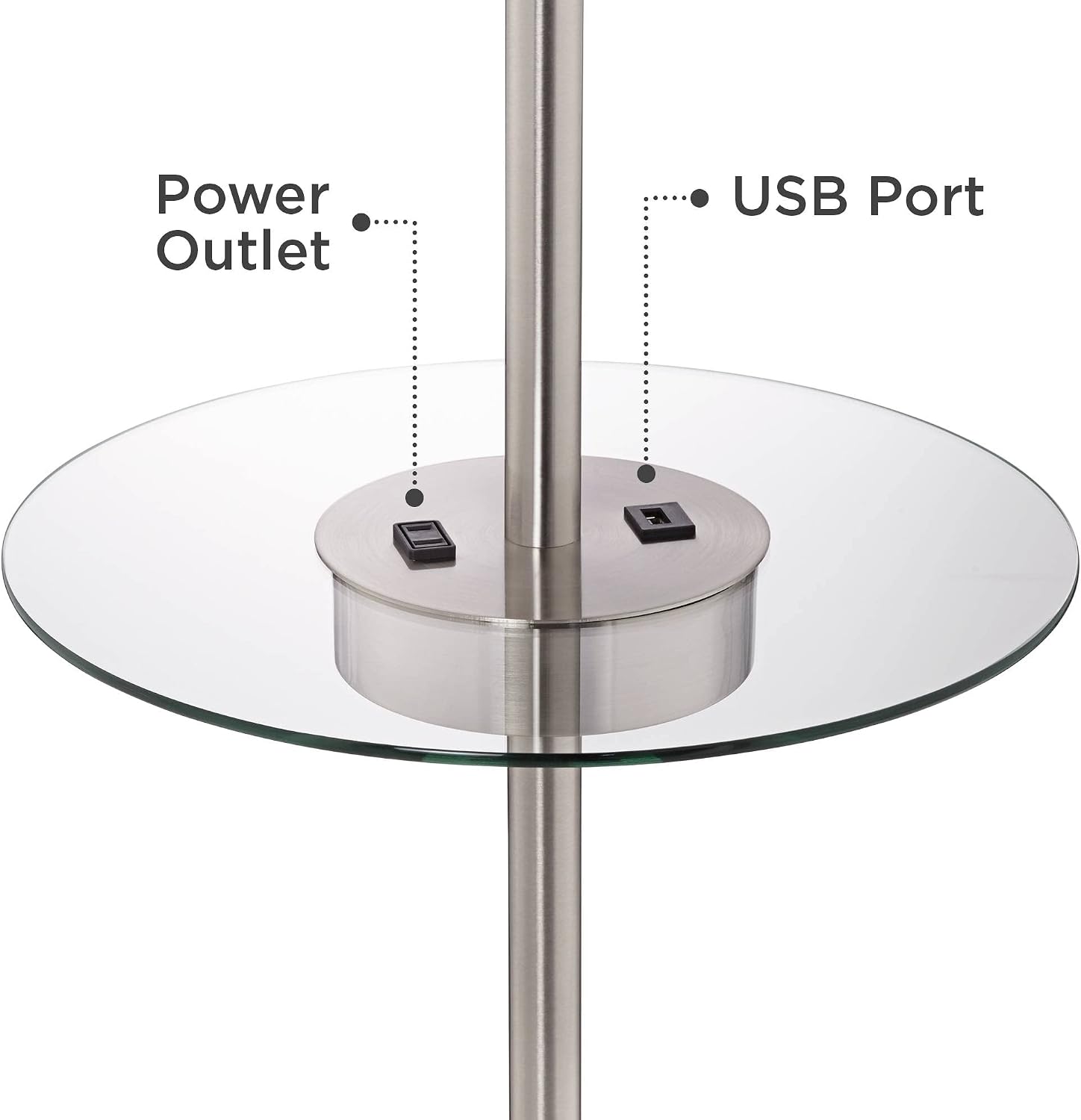 360 Lighting Caper 60 1/2" Tall Nickel Tray Table USB and Outlet Floor Lamp | Modern with AC Power on Glass 5 Satin White Fabric Drum Shade for Living Room Reading House Bedroom