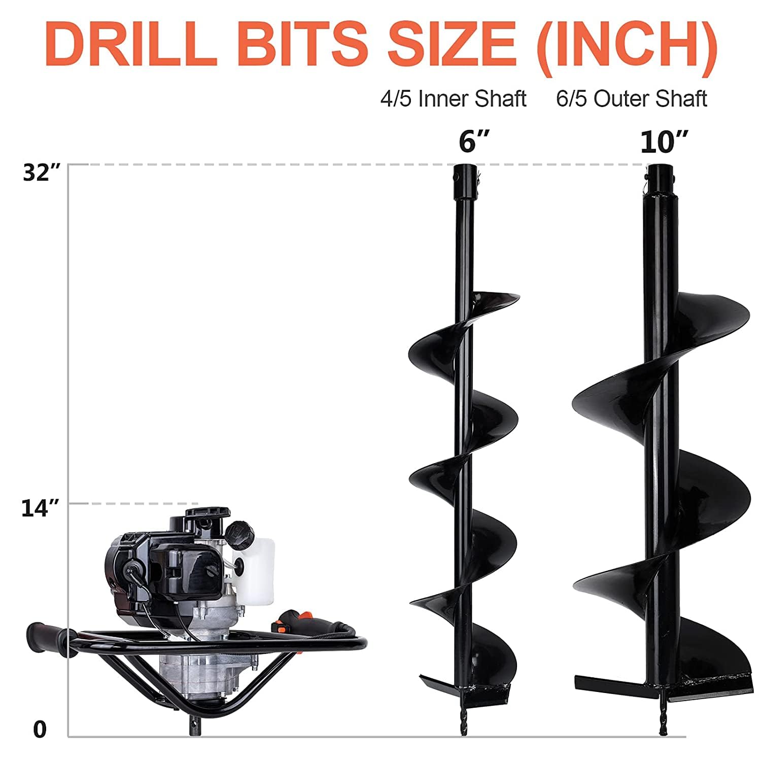 DC HOUSE 52cc 1800W Gas Powered Earth Auger EPA Certified Post Hole Digger, with 2 Drill Bits 6" 10", Mixing Ratio 30:1, for Fence