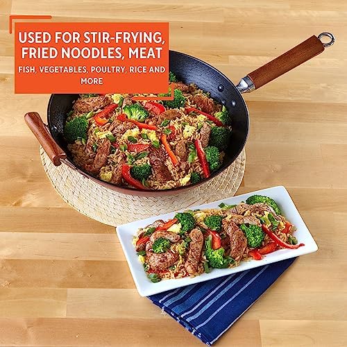 IMUSA USA GKG-61021 Light Cast Iron Wok, 14", Red Handles | Ideal for Stir-Frying and Deep Frying, Great for Everyday Cooking