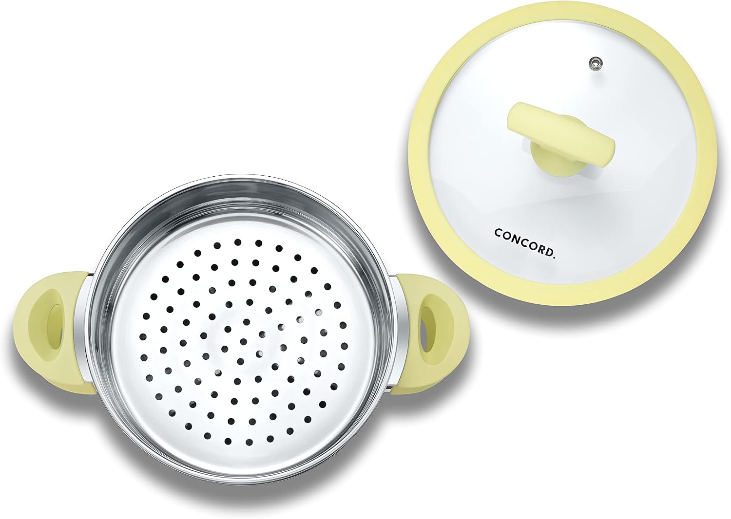 CONCORD 3 Quart Stainless Steel 3 Piece Steamer Cookware Set. Features 2 Quart Veggie Steamer and 3 Quart Cooking Pot with tempered glass lid.