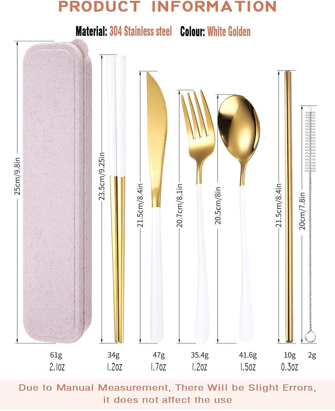 AARAINBOW 6 Pieces 18/8 Stainless Steel Flatware Set Portable Reusable Cutlery Set Travel Utensils Set Including Chopsticks Knife Fork Spoon Straws