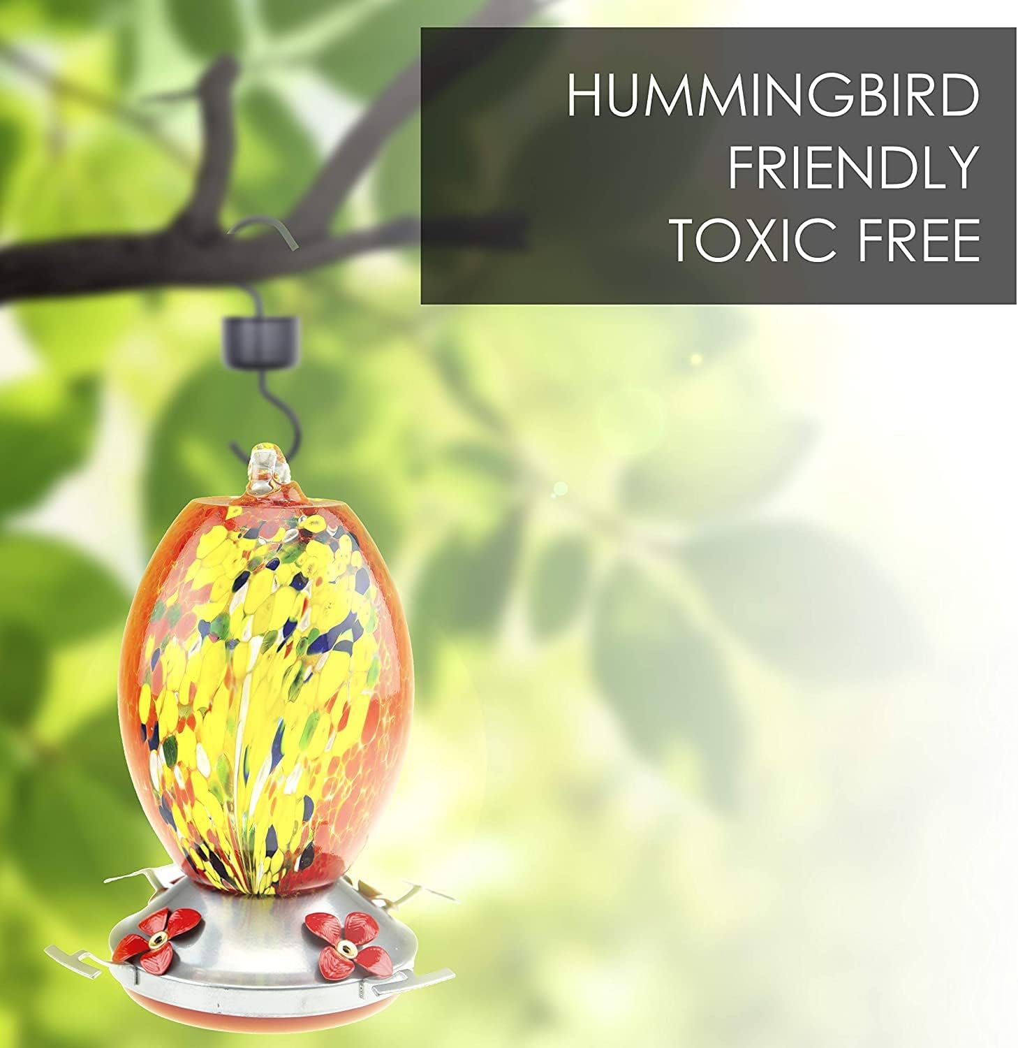 CLEVER GARDEN Hummingbird Feeder with Perch | Hand Blown Flat Glass in Red | 27 Fluid Ounces Humming Bird Nectar Capacity with Hanging Metal Wires