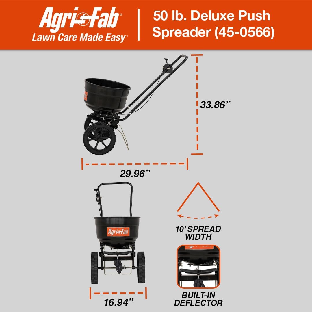 Agri-Fab Push Lawn and Garden Broadcast Spreader for Seed and Fertilizer, 50 lb Capacity Walk-Behind Spreader with Cable Flow Control