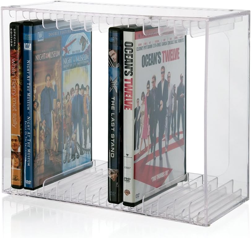 STORi Stackable Clear Plastic DVD Organizer with Rubber Feet | Rectangular Holder Perfect for Theater Room | Holds up to 14 Standard DVD Cases