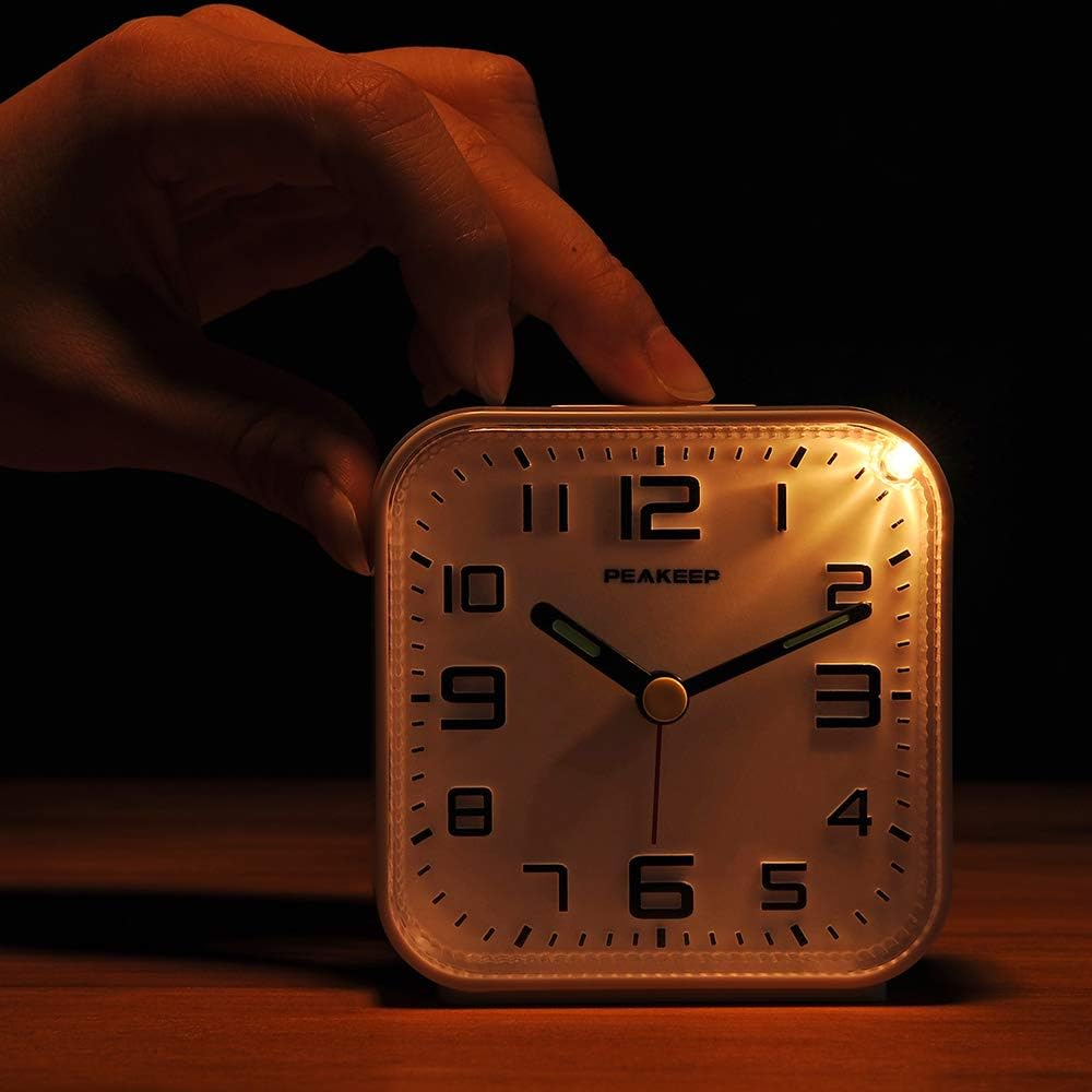 Peakeep Small Battery Operated Analog Travel Alarm Clock Silent | No Ticking, Lighted on Demand and Snooze, Beep Sounds, Gentle Wake, Ascending Alarm, Easy Set (Black)