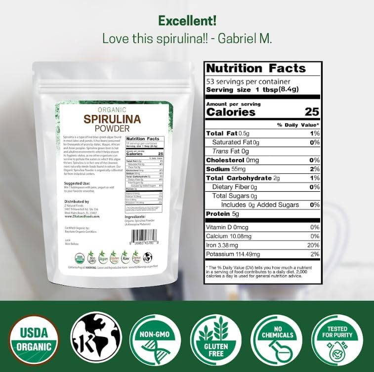 Z Natural Foods Organic Spirulina Powder - 16 oz (Pack of 1) | Organic, Blue-Green Algae Superfood, Spirulina, Raw, Contains Amino Acids, Mixes in Smoothies, Yogurt & Recipes