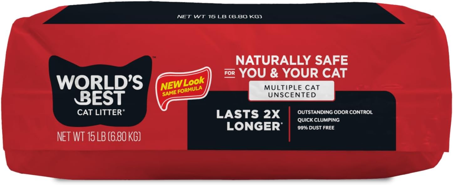 World's Best Cat Litter, Multiple Cat, Unscented, Lasts 2X Longer, 8 lb Bag | Controls tough multi-cat odors and lasts 2x longer; natural corn litter, quick clumping, flushable, 99% dust free