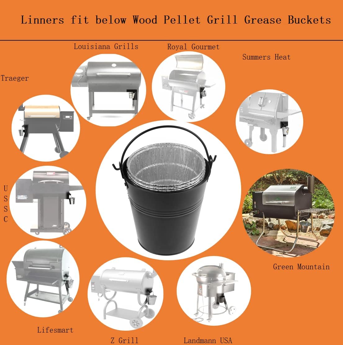 15-Pack Liners & Replacement Traeger HDW152 Drip Grease Bucket for Traeger 20/22/34, Pit Boss, etc Pellets Smoke (Black 15)