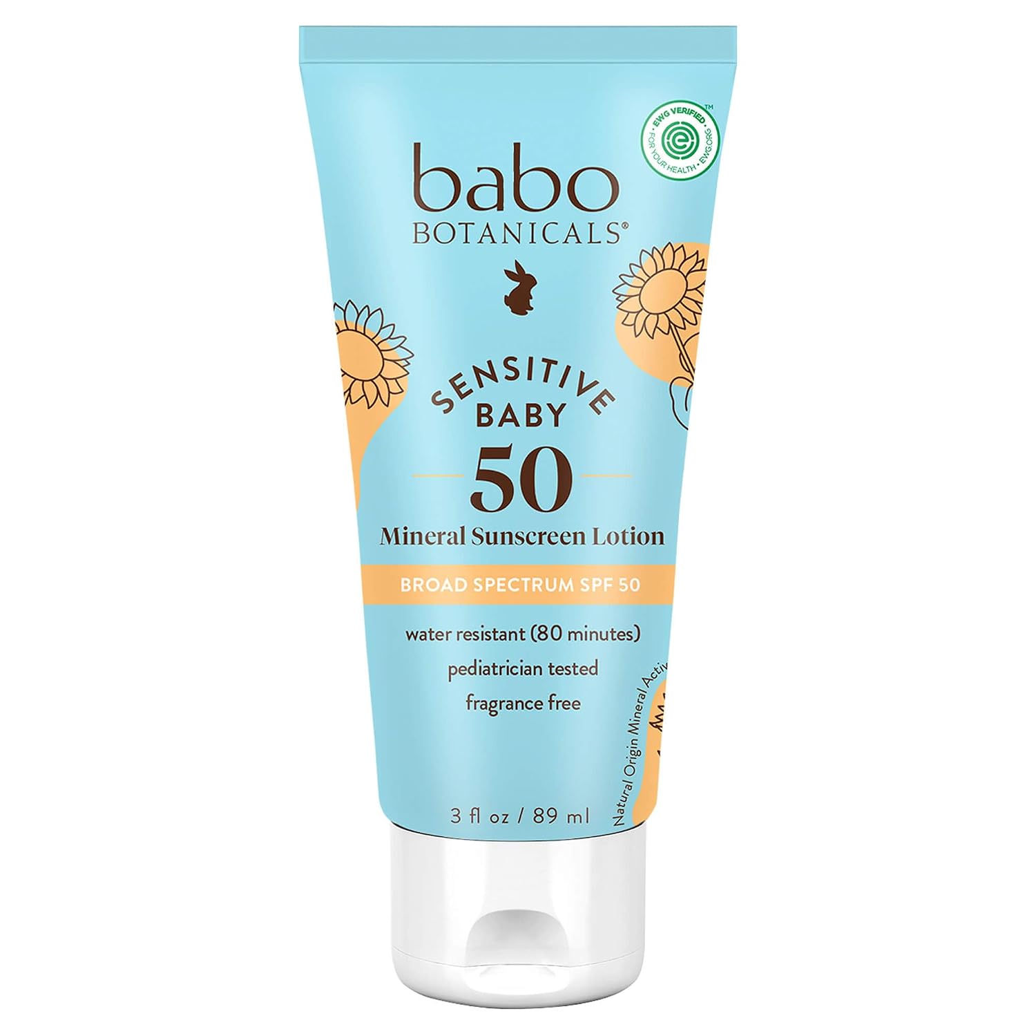 Babo Botanicals Sensitive Baby Mineral Sunscreen Lotion SPF50 - Natural Zinc Oxide - Face & Body - Fragrance-Free - Water-Resistant - EWG Verified