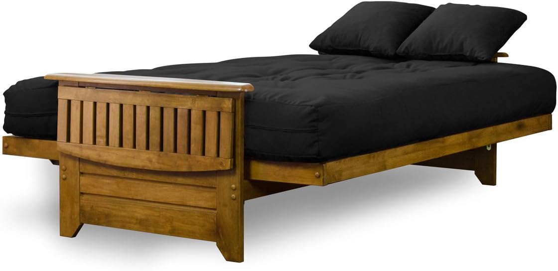 Brentwood Tray Arm Futon Sofabed Set - Queen Frame, 8" Microfiber Fudge Mattress, Heritage Finish