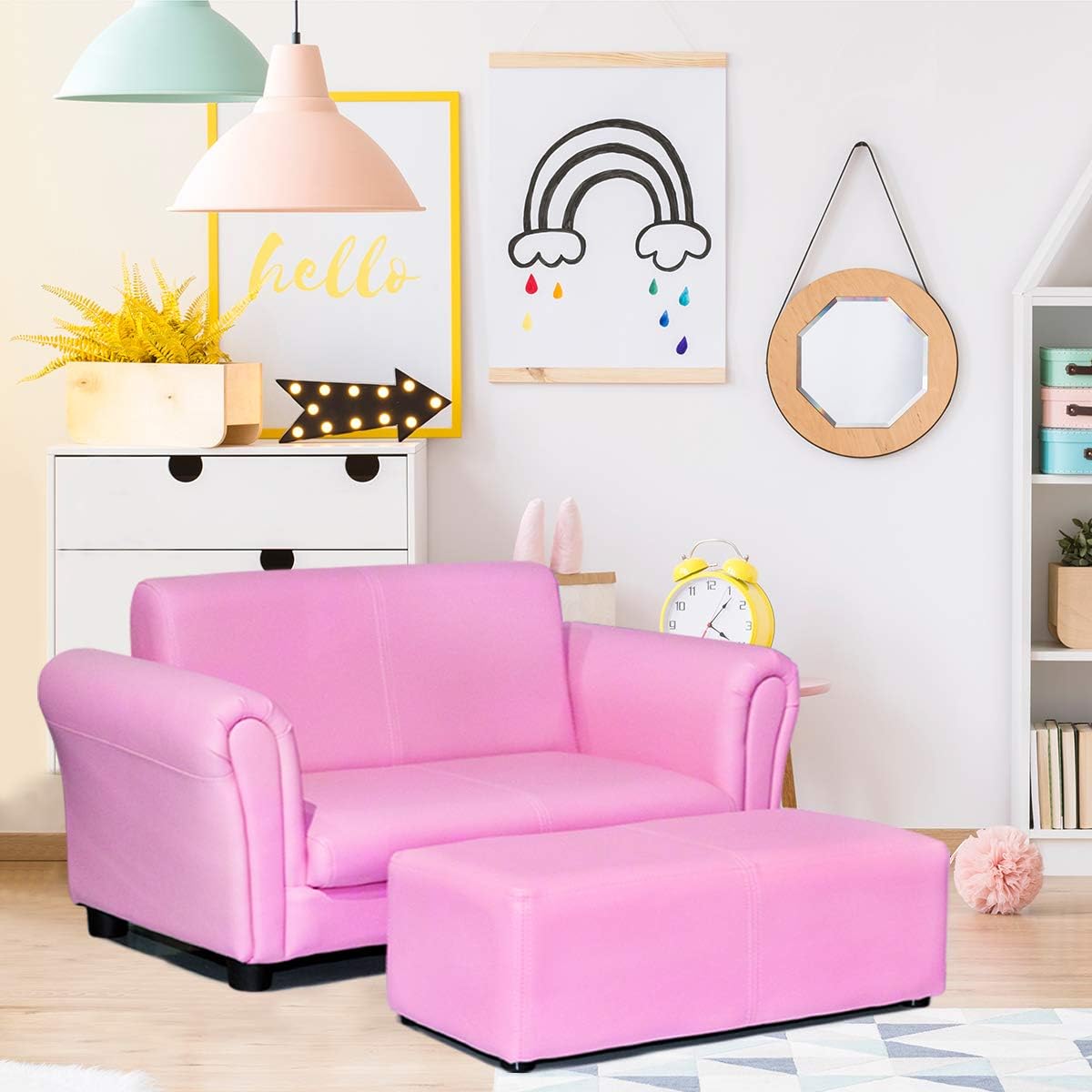 Costzon Kids Couch with Footstool, 2 in 1 Double Seat Children's Sofa w/PU Leather Surface, Armrest Chair Lounge, Soft Kids Sofa for Preschool Bedroom Kids Room Toddlers Boys Girls Birthday (Black)