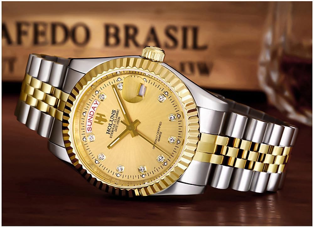 41MM Men's Gold Plated Stainless Steel Waterproof Quartz Watch Luxury Wristwatch with Date Week Display