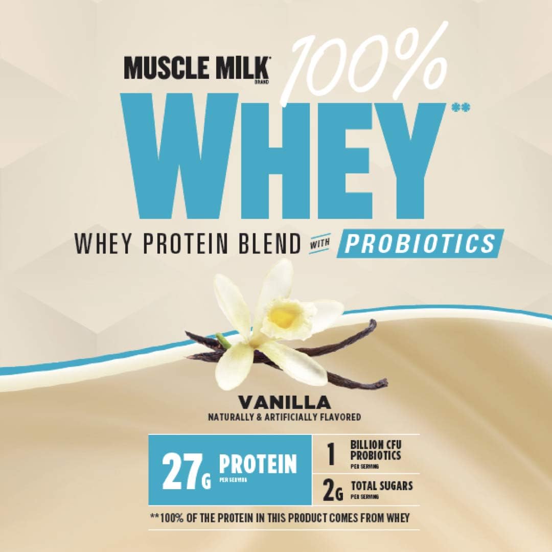 Muscle Milk 100% Whey Protein Powder, Vanilla, 5 Pound, 68 Servings, 25g Protein, 2g Sugar, Low in Fat, NSF Certified for Sport, Energizing Snack, Workout Recovery, Packaging May Vary
