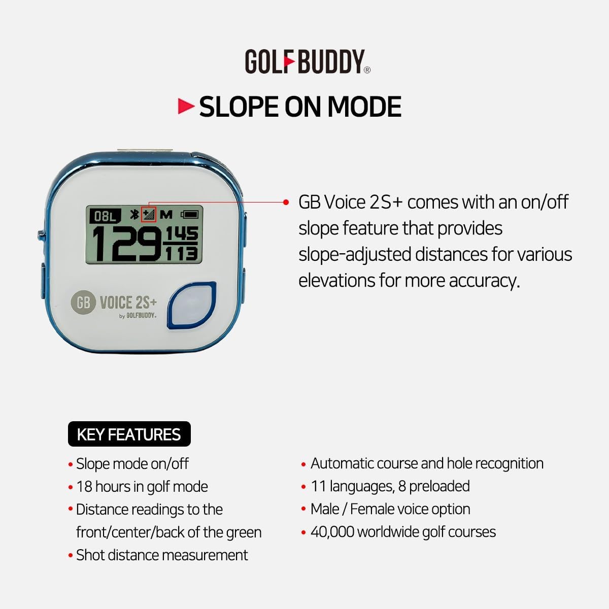 GOLFBUDDY Voice 2S+ Talking GPS Rangefinder, Clip on Hat Golf Navigation, Slope Mode on/Off, 18 Hours Battery Life, Shot Distance Measurement