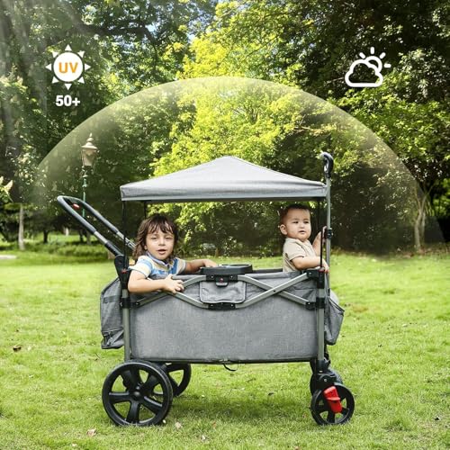 EVER ADVANCED Foldable Wagons for Two Kids & Cargo, Collapsible Folding Stroller with Adjustable Handle Bar,Removable Canopy with 5-Point Harness Gray