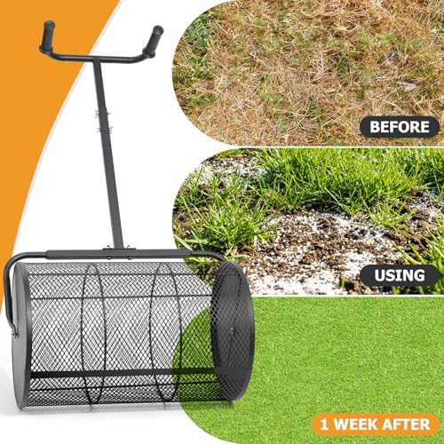 Compost Spreader 24in Peat Moss Spreader - U Shaped Comfortable Handle & Adjustable Height Powder-Coated Metal Mesh Hand Fertilizer Spreader for
