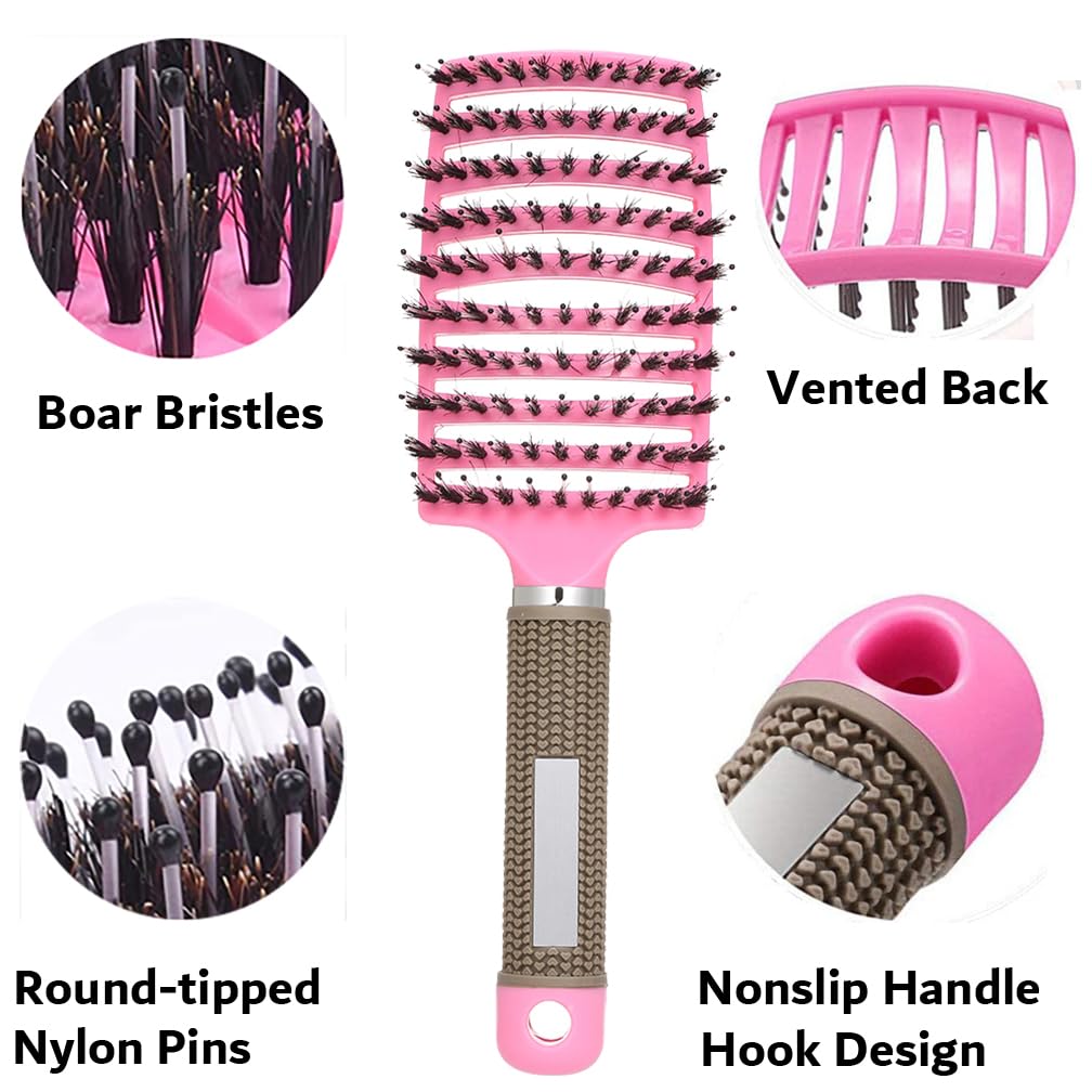 Boar Bristle Detangler Vent Hair Brush for Blow Drying, Curved Vented Paddle Detangling Brush for Women Men