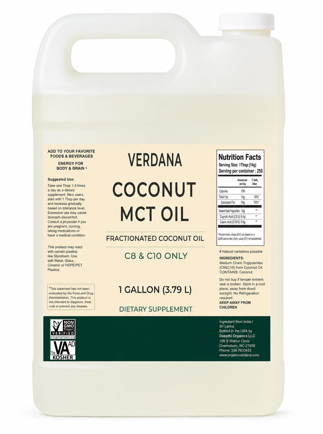 Verdana MCT Oil, Fractionated, 100% from Coconut - 1 Gallon - Kosher Food Grade, Vegan, Non-GMO - Great for Keto and Paleo Diet (128 Fl Oz)