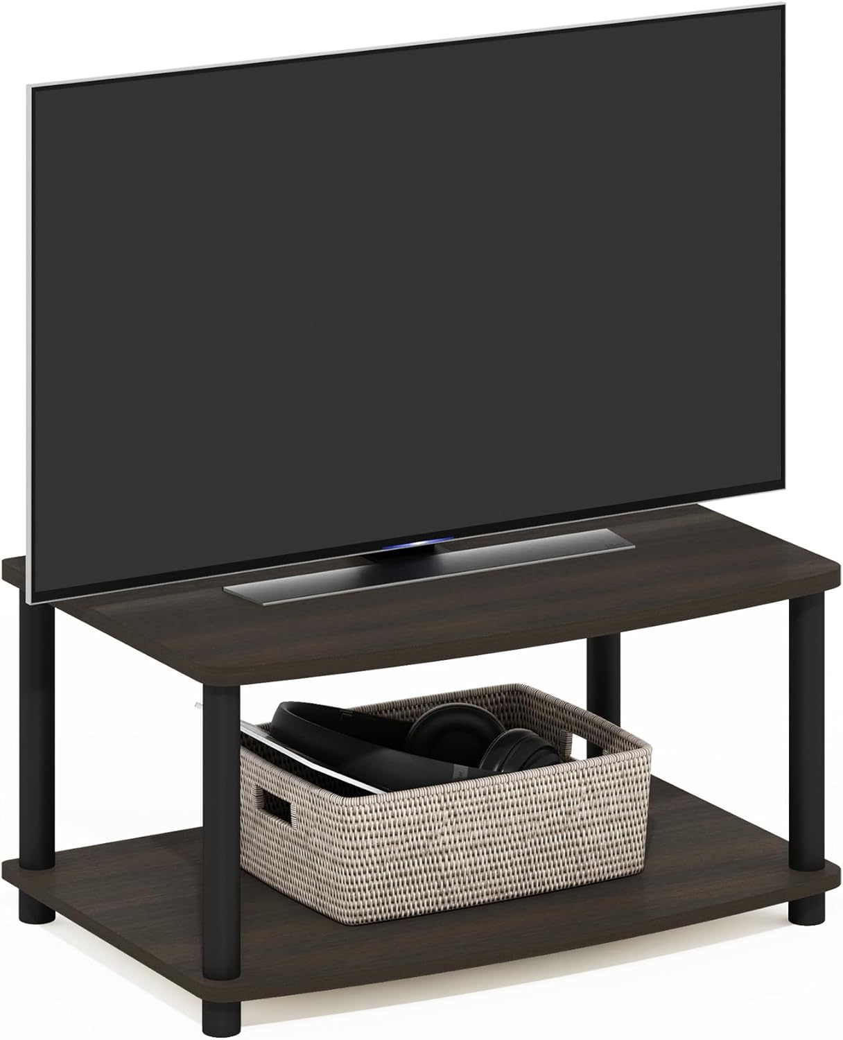 Furinno Turn-N-Tube TV Riser Stand, 2-Tier Small Elevated No Tools TV Stand, TV Console for TV up to 32 inch, 15.8 x 23.8 x 11, for Living Room, Bedroom, French Oak/Black
