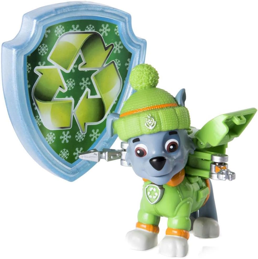Paw Patrol Snow Rescue – Rocky with Transforming Pup Pack and Badge