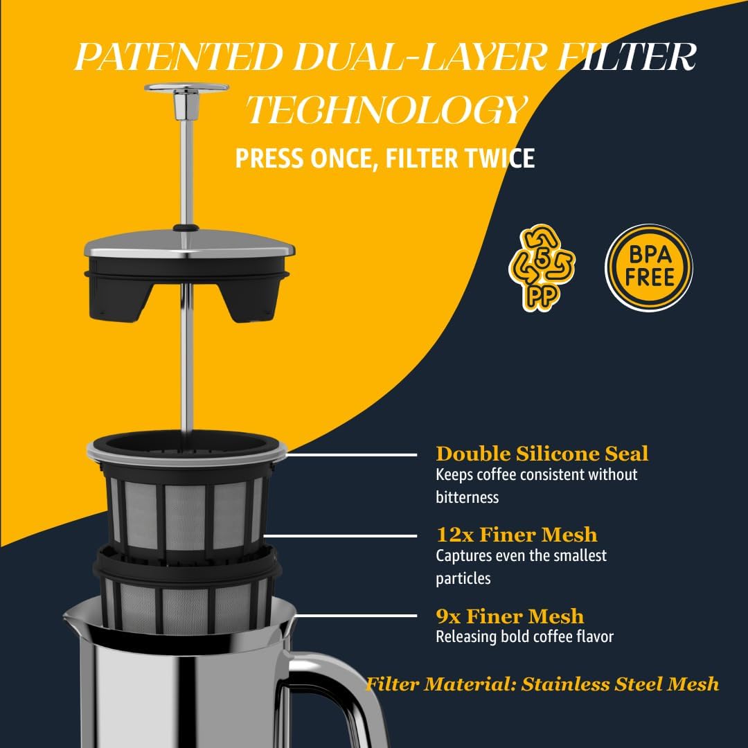 ESPRO P7 French Press, 18oz, Brushed, Stainless Steel Coffee Maker | Double Filter Coffee Press, Grit-Free Coffee, Heat Resistant Insulated tea Press, Easy Hot and Cold Coffee Brewer, Tea Brewer