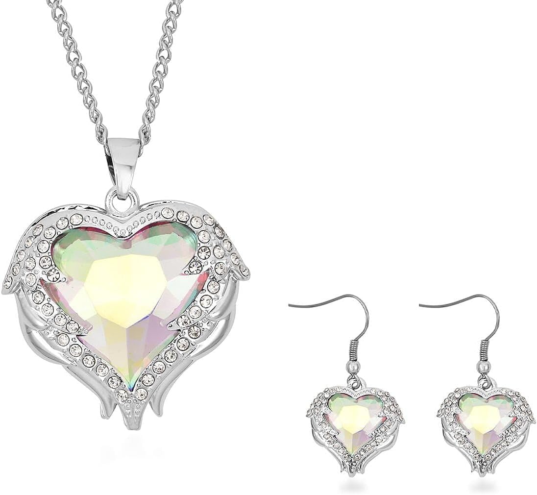 Mystic Color Glass Crystal Heart Pendant Necklace 24-26"Earrings