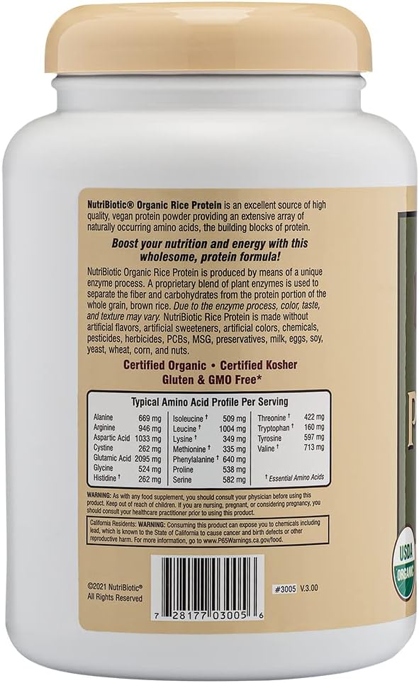 NutriBiotic Certified Organic Plain Rice Protein, 21 Ounce | Low Carbohydrate Vegan Protein Powder | Raw, Certified Kosher & Keto Friendly | Made Without Chemicals, GMOs & Gluten | Easy to Digest