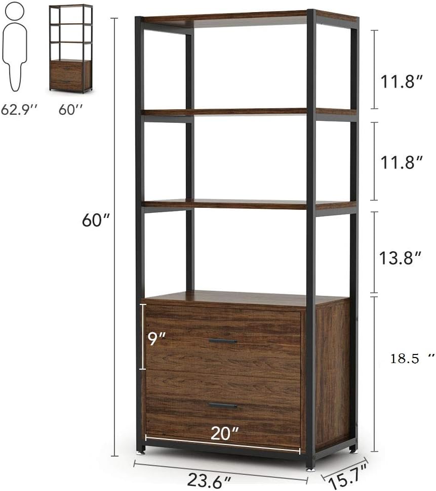 Tribesigns 4-Tier Bookcase Bookshelf with 2 Drawers (Rustic)