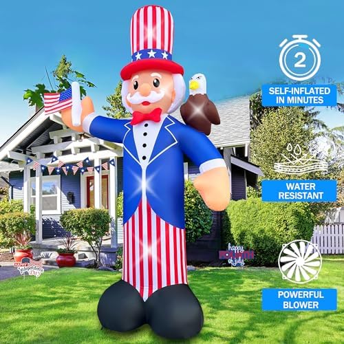 SEASONBLOW 12FT Independence Day Inflatable Uncle Sam with Bald Eagle Decorations Patriotic 4th of July LED Light Up Blow up Flag for Home Yard Lawn