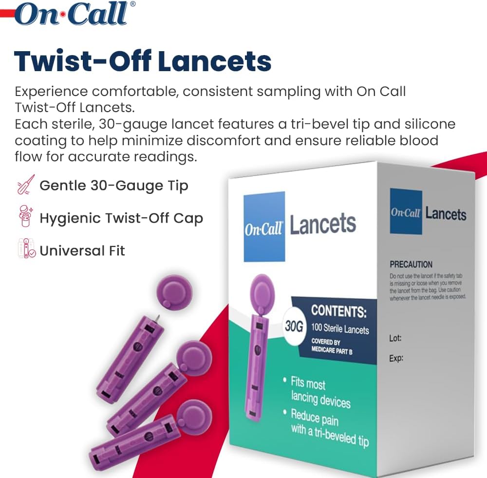 On Call Twist Off Lancets, 100 Lancets | Fine 30 Gauge Tri-Bevel Tip for Blood Sugar Test, Fits Most Lancing Devices, Diabetic Supplies, 100 Count