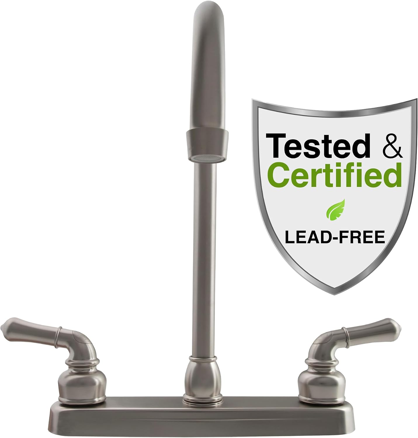 Dura Faucet DF-PK330HC-SN RV J-Spout Kitchen Sink Faucet (Satin Nickel) | Tall spout clears big pots; dual levers fine-tune water flow. Brushed Satin Nickel.