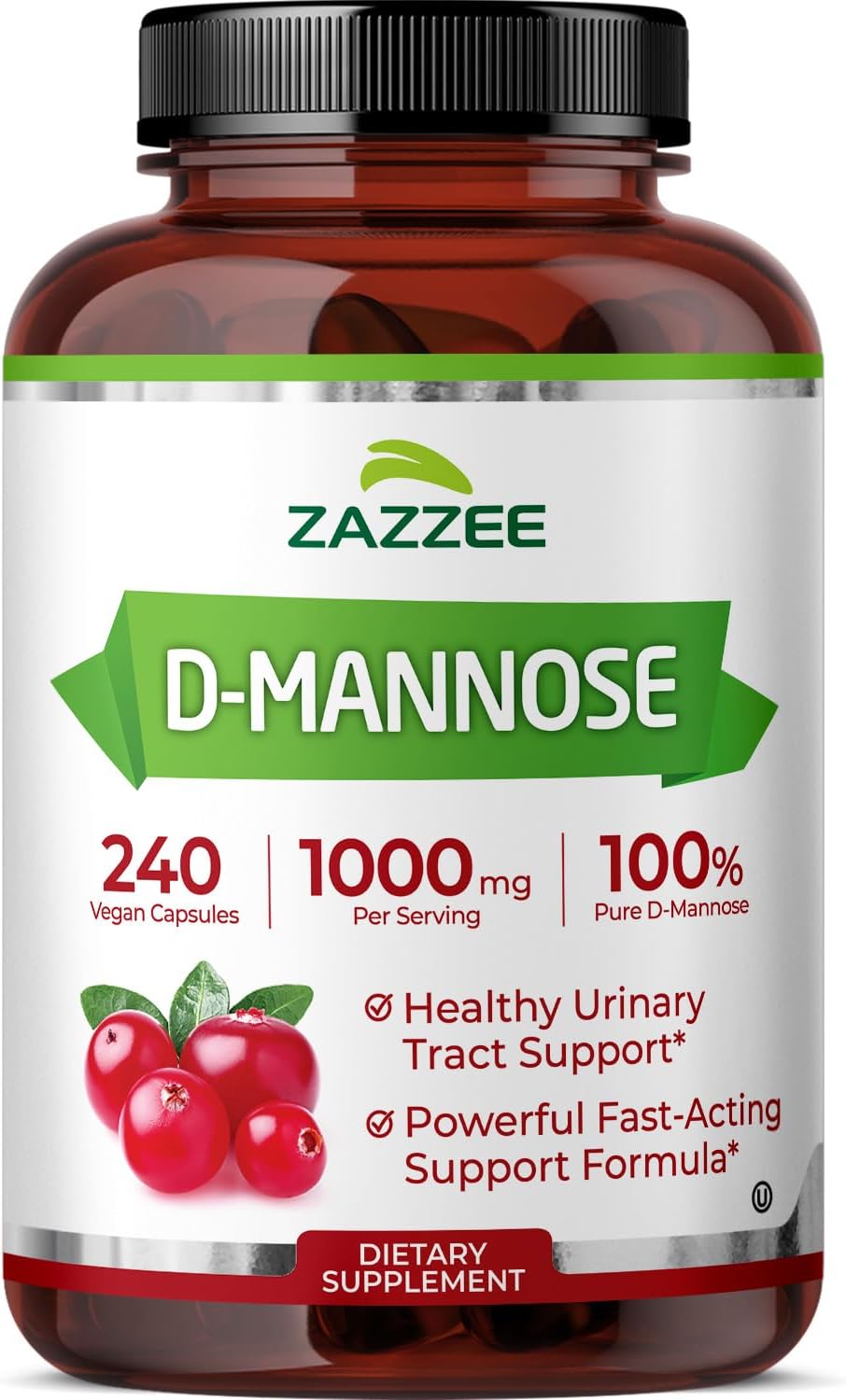 Zazzee D-Mannose, 1000 mg per Serving, 180 Vegan Capsules, 3 Month Supply | Potent & Fast-Acting, Certified Kosher, 100% Pure, All-Natural Urinary Tract Health Support, 100% Vegetarian, Non-GMO