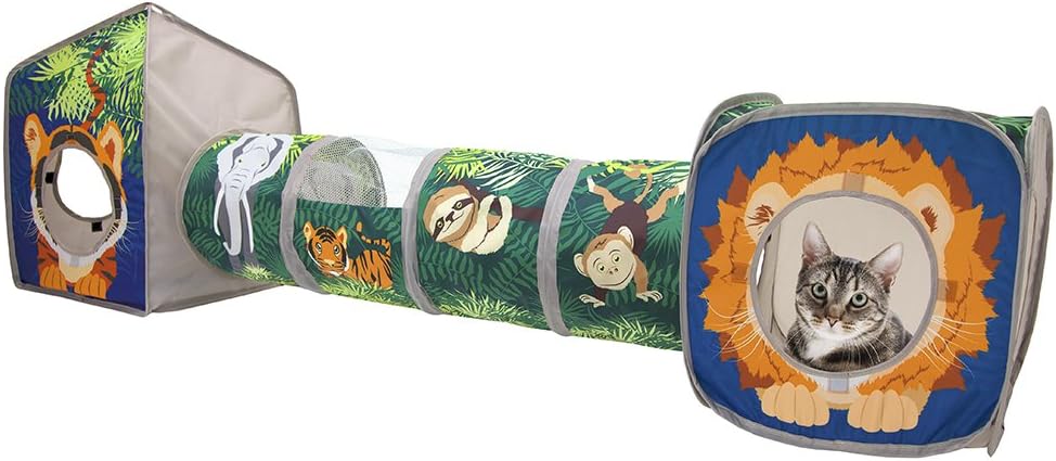 Kitty City Safari Jungle Pop-Up Cat Cube, Collapsible Indoor Cat Hideout & Play Cube with Peekaboo Openings, Easy Storage, 15” x 15” x 15”