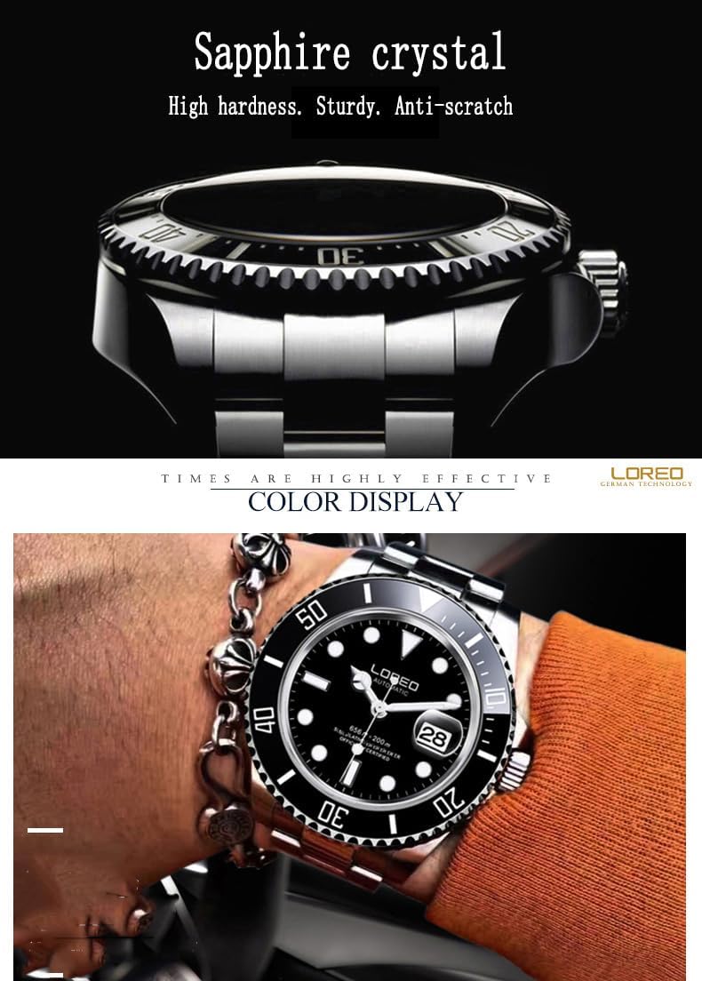 LOREO Men's Automatic Watch Sapphire Crystals 200M Waterproof | Rotating Bezel Luminous Markers and Hands Date 316L Stainless Steel Case and Bracelet Waterproof Watch