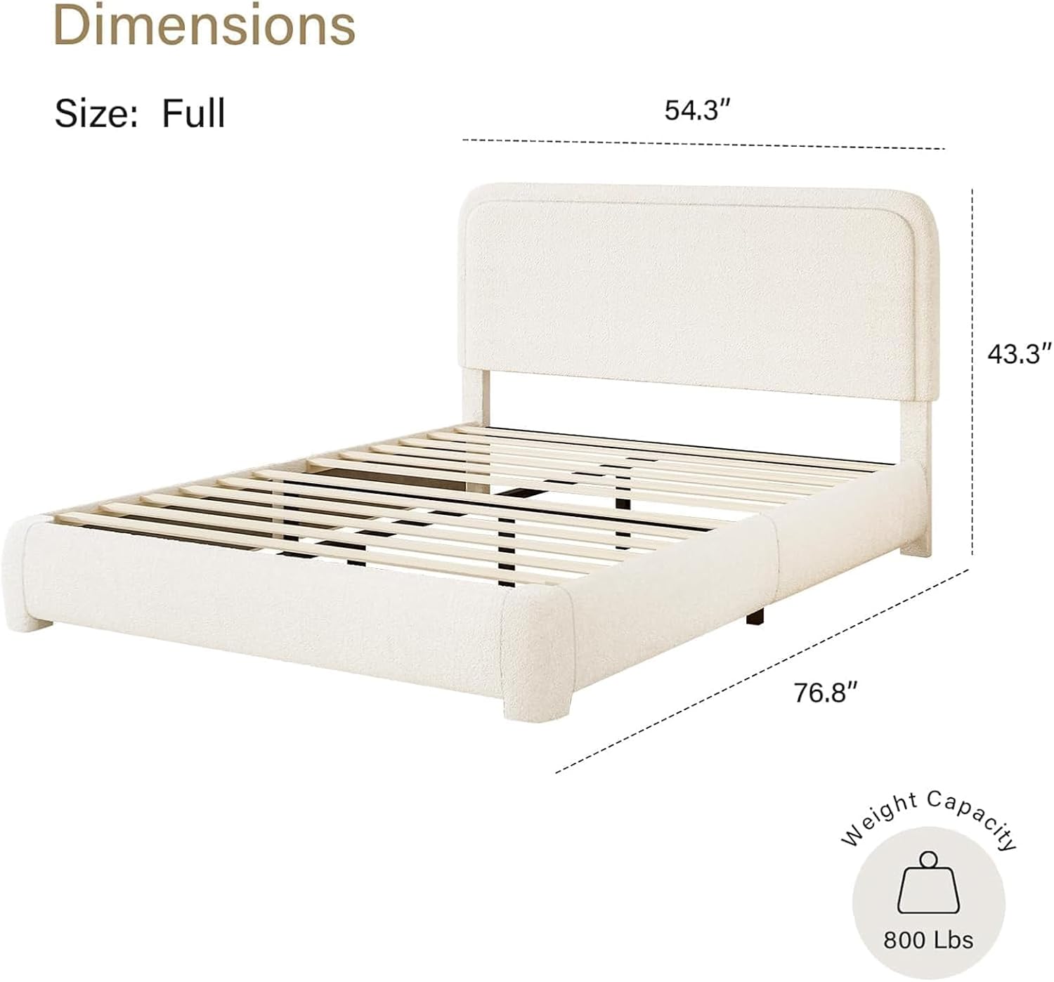 BarnFurin Full Bed Frame, Cloud Boucle Headboard, Rounded Corners, White | Soft boucle and rounded edges create a low-profile cloud look. Wooden slats support the mattress without a box spring