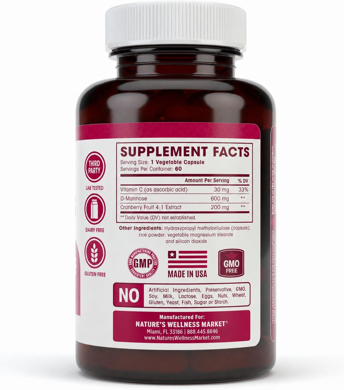 D MANNOSE with Cranberry Extract & Vitamin C - Urinary Tract UT Cleanse & Bladder Health - Protects Against Urinary Tract Infections UTI - Natural